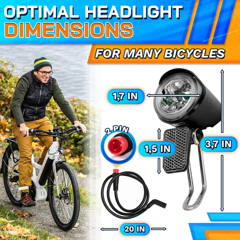 Ebike Headlight With 2 Pin Waterproof Connector For 6 To 60V Systems, Easy To Install LED Light With Stainless Steel Bracket, 20 Lm Output, Weather Resistant For Night Riding