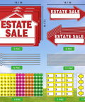Estate Sale Signs Kit With Double Sided Arrows And Metal Stakes Includes Large And Small Signs Neon Fluorescent Pricing Stickers And SelfAdhesive Labels Go-To Yard Sale Directional Signage For Quick Customer Traffic. 3-pack red estate sale signs with arrows, stakes, and price labels