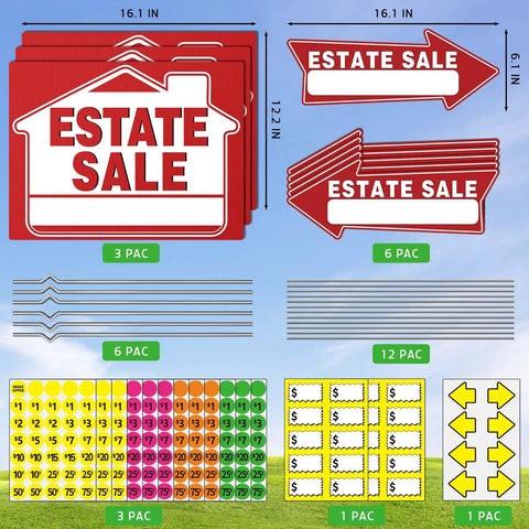 Estate Sale Signs Kit With Double Sided Arrows And Metal Stakes Includes Large And Small Signs Neon Fluorescent Pricing Stickers And SelfAdhesive Labels Go-To Yard Sale Directional Signage For Quick Customer Traffic. 3-pack red estate sale signs with arrows, stakes, and price labels
