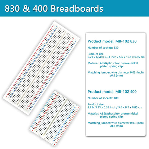 Extensive 560 Pcs Jumper Wire And Breadboard Kit with 830 and 400 tie-point boards, material details, and specifications.