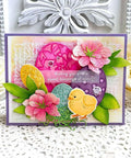 Colorful card featuring Seven Piece Easter Egg Die Cuts Set with Flower and Butterfly Frame Dies Stencils for DIY embossing and crafts.