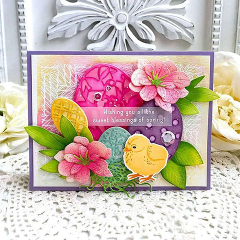 Colorful card featuring Seven Piece Easter Egg Die Cuts Set with Flower and Butterfly Frame Dies Stencils for DIY embossing and crafts.