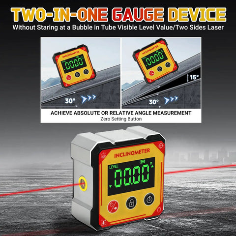 Digital Angle Finder With Laser And Heavy Duty Magnets Cube Inclinometer For Table Saw And Woodworking Measuring Pro Grade Level Box With Auto Flip Display Waterproof And Dustproof Four Sided Magnet System Zero At Any Angle on sloped metal surface