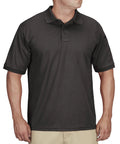 Mens Short Sleeve Uniform Polo In Charcoal Black Moisture Wicking Polyester Pique Fabric That Keeps You Cool Under Pressure Built For Real Crews Running The Daily Grind Without Getting Sweaty Or Wrinkled Out, front view on model.
