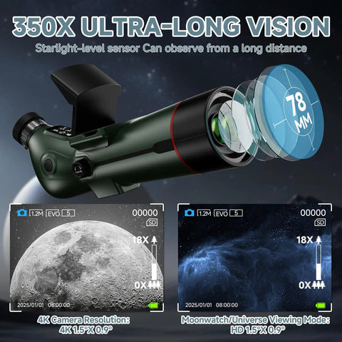 Portable Auto Focus Refractor Telescope With 4K Astrophotography Camera showing 350x zoom lens and dual screen features