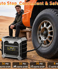 Portable Tire Inflator Air Compressor 12V DC With Auto Shut Off And Digital Pressure Gauge 100 PSI inflating car tire in desert