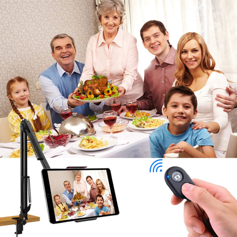 Alt Tag: Family dinner being captured with a Two Pack Wireless Phone Camera Remote Shutter for iPhone and Android with wrist strap.