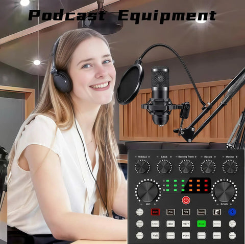 BM-800 Podcast Gear Bundle with Voice Changer Microphone and V8s Audio Interface in studio with pop filter and stand