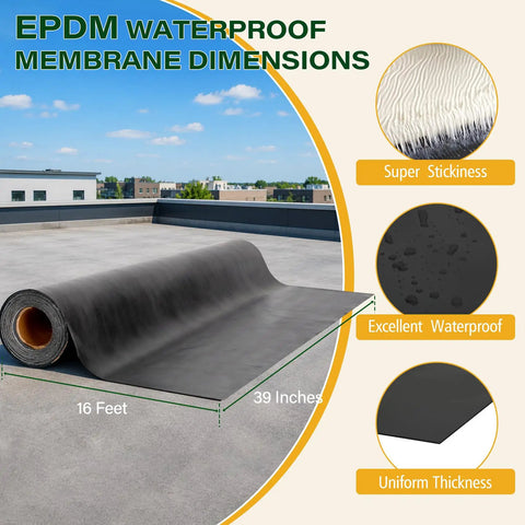 Heavy Duty Peel And Stick EPDM Rubber Roofing Roll Ultra Thick Waterproof Membrane for RVs Sheds and Garages, shown in 16ft x 39in size.