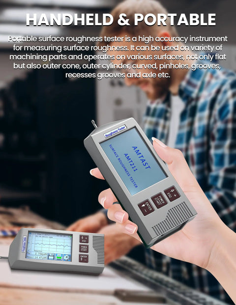 Handheld Digital Surface Roughness Meter With 22 Parameters, Portable Profilometer For Outer Cylinders, Curved Surfaces And Pinholes, Ergonomic Grip, On The Go Roughness Testing For Machined Parts And Finishes