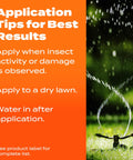 Application tips for SummerGuard Lawn Food with Insect Control, showing sprinkler watering a lawn for effective use.