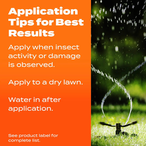 Application tips for SummerGuard Lawn Food with Insect Control, showing sprinkler watering a lawn for effective use.