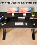 Top Shelf Electric Standing Desk 55x26 Inch With Dual Monitor Shelf And Two Drawer Storage C Clamp Mount Three Preset Heights Smooth Silent Glide from above.