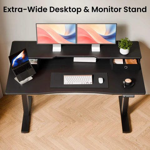 Top Shelf Electric Standing Desk 55x26 Inch With Dual Monitor Shelf And Two Drawer Storage C Clamp Mount Three Preset Heights Smooth Silent Glide from above.