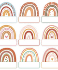 Rainbow Cutouts For Classroom Decor, 45 Pcs Boho Rainbow Name Tags With 100 Glue Dots displayed in various colorful designs