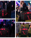 Collage of Rolling DJ Gear Bag With Wheels For Equipment in various settings, showing padded dividers and multiple pockets, outdoors and indoors