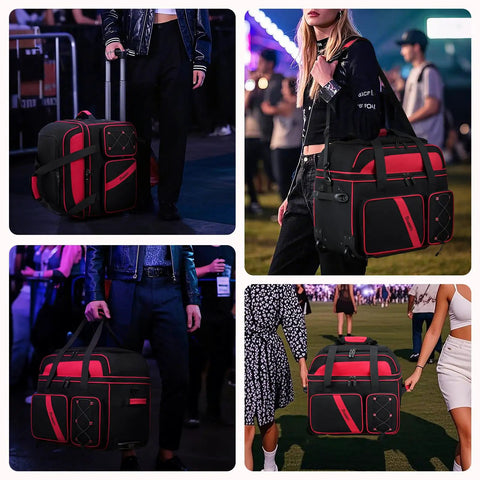 Collage of Rolling DJ Gear Bag With Wheels For Equipment in various settings, showing padded dividers and multiple pockets, outdoors and indoors
