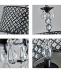 Close-up details of Antique Black Hanging Pendant Light With Crystal Drum Shade, Four Light Farmhouse Chandelier.
