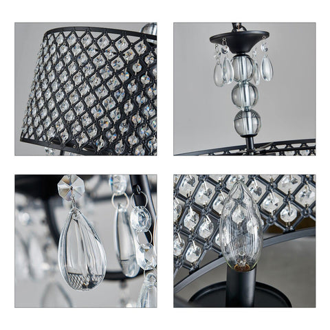 Close-up details of Antique Black Hanging Pendant Light With Crystal Drum Shade, Four Light Farmhouse Chandelier.
