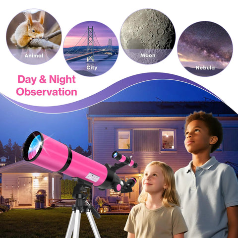 High Powered 80mm Refractor Telescope For Adults And Kids Portable 600mm Travel Scope with Moon Viewing, Pink and Tripod