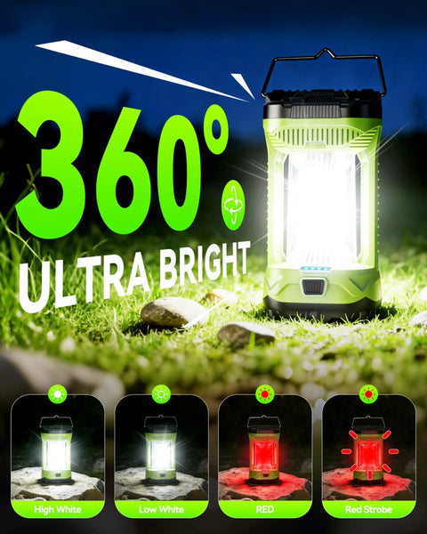 Rechargeable Camping Lantern With 4000LM Bright LED Light 360 Degree All Around Illumination shown with multiple color settings