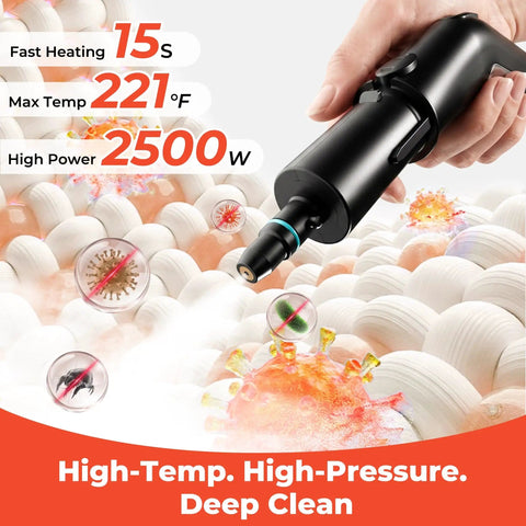 Heavy Duty 2500W Steam Cleaner With 1.9 Quart Tank And Four Bar High Pressure demonstrating steam cleaning on germs and dirt