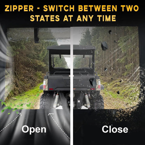 Soft Rear Windshield For UTV 500 700 With Zipper Back Window Open Close Replacement For Hisun Massimo Axis shown open and closed