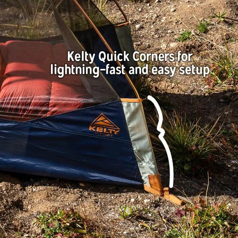 Late Start 2P Backpacking Tent corner with Quickcorner pole sleeves, set up on rocky terrain, showcasing logo and durable fabric.