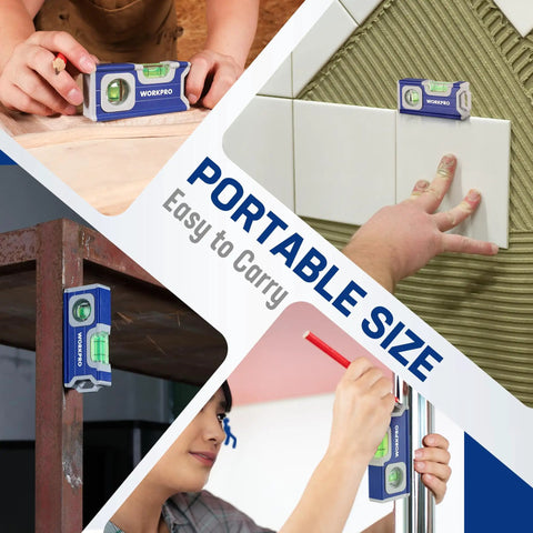 Hustle Ready Mini Magnetic Pocket Level Featuring High Visibility Bubbles And Precision Convex Lens For Dead On Readings Crafted From Rugged Aluminum Alloy In Sharp Cobalt Blue shown in portable size for easy carrying.