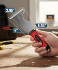 Hand holding 8 In 1 Paint Scraper Tool With Metal Hammer End Durable Stainless Steel for DIY home use on workshop table