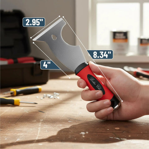Hand holding 8 In 1 Paint Scraper Tool With Metal Hammer End Durable Stainless Steel for DIY home use on workshop table