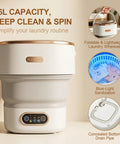 Slick Compact Foldable Mini Washing Machine With Smart Touch Panel And 16 Liter Capacity For No Sweat Daily Laundry Plus Quick Spin Dry Routine. Foldable design with blue-light sanitization.