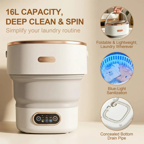 Slick Compact Foldable Mini Washing Machine With Smart Touch Panel And 16 Liter Capacity For No Sweat Daily Laundry Plus Quick Spin Dry Routine. Foldable design with blue-light sanitization.