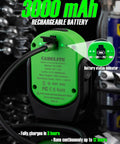 Back view of Pocket LED Work Light 780 Lumens showing 3000mAh rechargeable battery, battery status indicator, in green case.