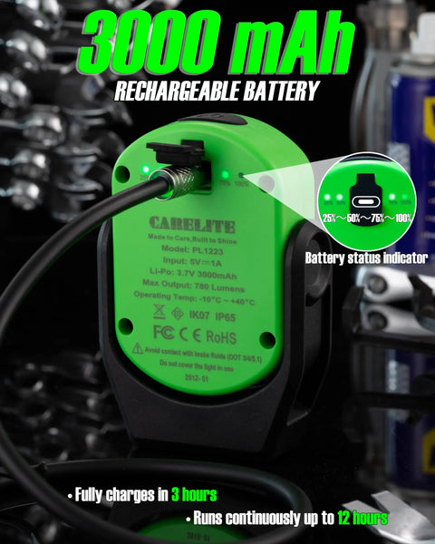 Back view of Pocket LED Work Light 780 Lumens showing 3000mAh rechargeable battery, battery status indicator, in green case.