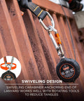 Squids 3011 Retractable Tool Lanyard With Carabiner Mount shown attached to metal, showcasing swiveling design
