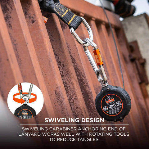 Squids 3011 Retractable Tool Lanyard With Carabiner Mount shown attached to metal, showcasing swiveling design