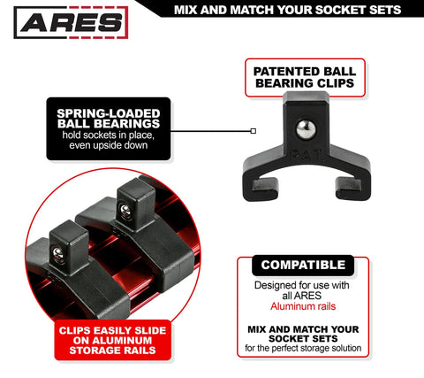 Three-Piece Aluminum Socket Organizer Rails For 1/4, 3/8, And 1/2 Inch Drives, Holds 48 Sockets With Spring-Loaded Clips, detail.