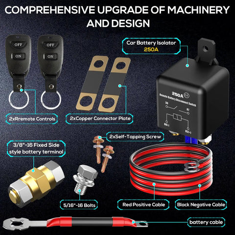 Remote Battery Disconnect Switch Kit 12V 250A Heavy Duty Quick Kill Prevent Battery Drain With Remote Control components displayed