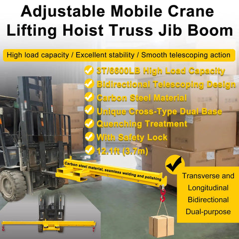 Heavy Duty Workhorse Forklift Jib Boom Hoist 6600 Lb Telescopic Mobile Crane Attachment showing carbon steel design in use.