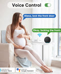 Pregnant woman using voice control to lock door with Smart Lock With Fingerprint And Code Access For Keyless Entry, home setting.