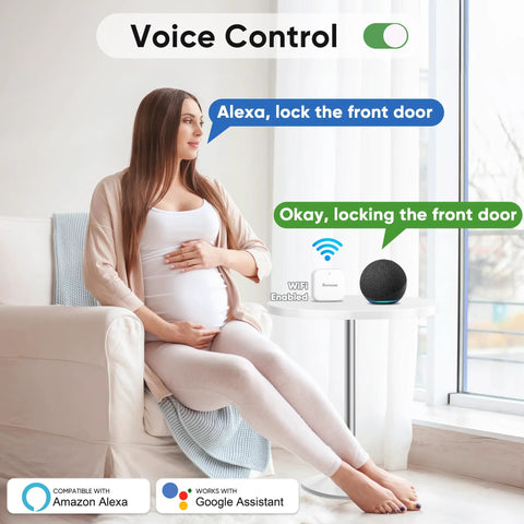 Pregnant woman using voice control to lock door with Smart Lock With Fingerprint And Code Access For Keyless Entry, home setting.