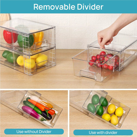 Solid 4 Pack Stackable Clear Storage Drawers With Removable Dividers To Crush Household Clutter Right Now on kitchen counter with veggies.