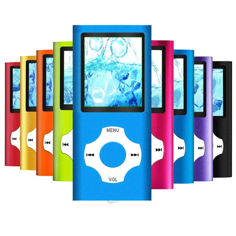 Colorful lineup of Dope 32GB MP3 Player With FM Radio And Voice Recorder One Point Eight Two Inch LCD Screen Blue Includes 32GB SD Card USB Port