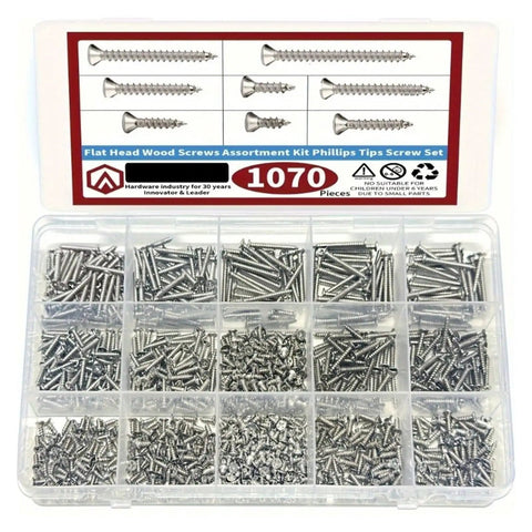 1070-Piece M2 Wood Screw Set With Cross-Recessed Flat Head Self-Tapping Hardware For DIY Projects, Eight Lengths From M2x4 To M2x20, Fully Organized Kit For Furniture, Cabinets, And General Woodworking.