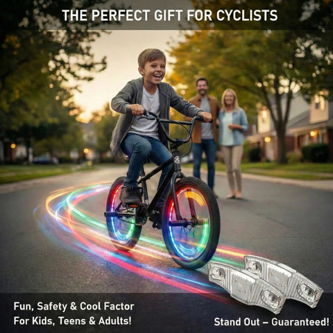 Child riding bike with Rechargeable 9 Color LED Bicycle Spoke Lights With 21 Modes And Motion Sensor Auto On Off, glowing wheels.