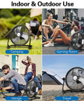 Go-To 16 Inch Rechargeable Outdoor Floor Fan With 15,600mAh Battery in various settings including camping, gym, garage, and travel