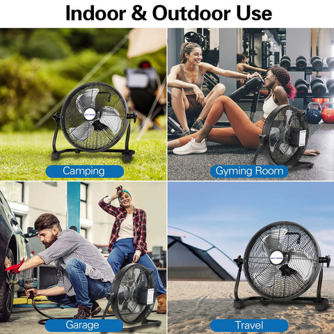Go-To 16 Inch Rechargeable Outdoor Floor Fan With 15,600mAh Battery in various settings including camping, gym, garage, and travel