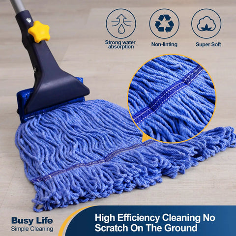 Heavy Duty Wet Mop With Looped End Cotton Mop Head, telescopic iron pole, adjustable from 44.5 to 55.1 inches, jaw clamp floor cleaning