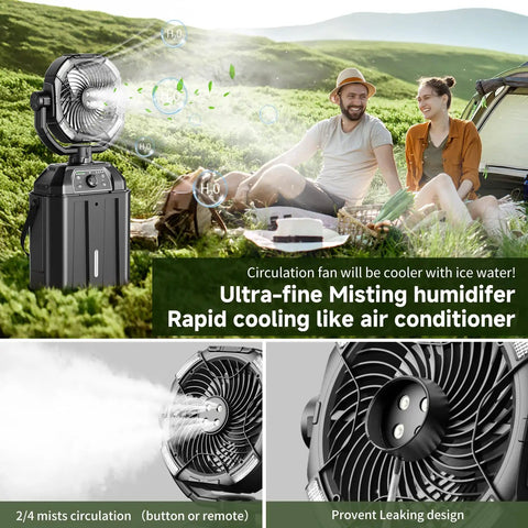 Rechargeable 9 Inch Misting Fan With Auto Swivel For Outdoor Chill shown in park setting with misting feature in use